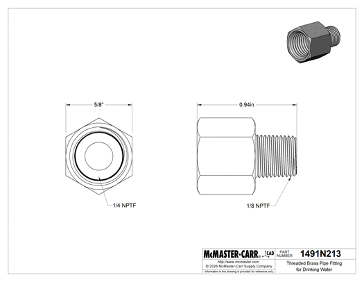 Technical drawing of Threaded Brass Pipe Fitting for Drinking Water, High-Pressure, Adapter, 1/4 NPTF Female x 1/8 NPTF Male.